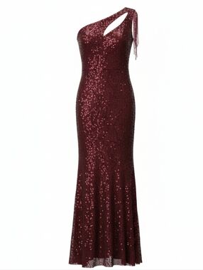 One-Shoulder Sequin Gown in Burgundy